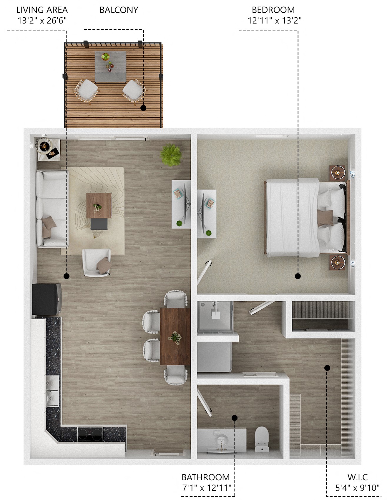 Floor plan for 1 bed, 1 bath, 725 sqft